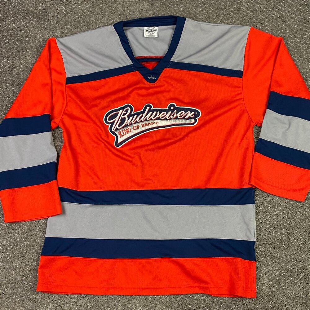 Vintage Budweiser Hockey Jersey Men's Large King of Beers Bud 2004 Y2K Home Game
